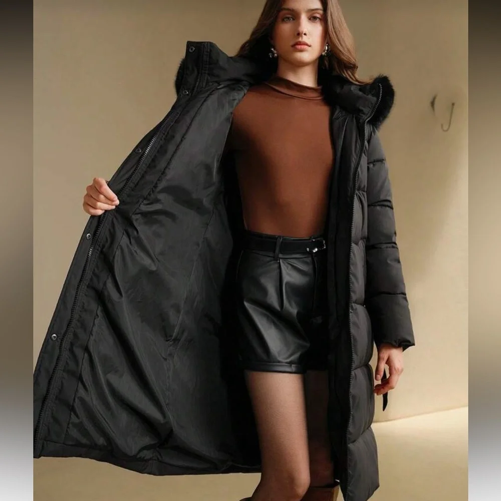 Faux fur lined hooded quilted puffer jacket long full length coat belted black - Picture 6 of 13